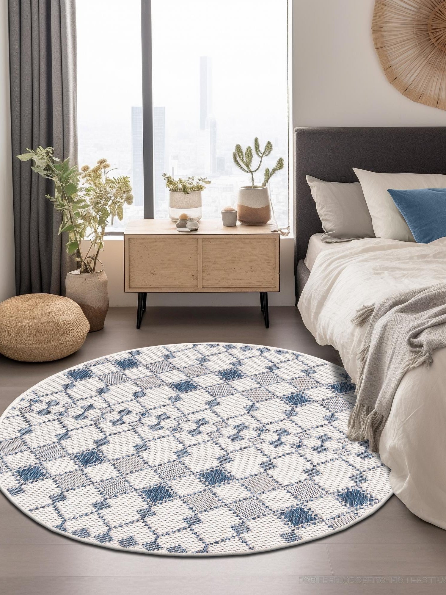 Ivory 3' 1 x 3' 1 Outdoor Trellis Round Area Rug Weather Resistant for Patio, Deck, Terrace, Balcony, Porch Geometric Design Water Safe Outside Carpet for Sale at Rug Engine