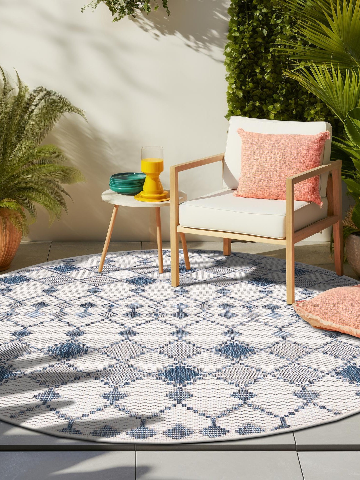 Ivory 3' 1 x 3' 1 Outdoor Trellis Round Area Rug Weather Resistant for Patio, Deck, Terrace, Balcony, Porch Geometric Design Water Safe Outside Carpet for Sale at Rug Engine