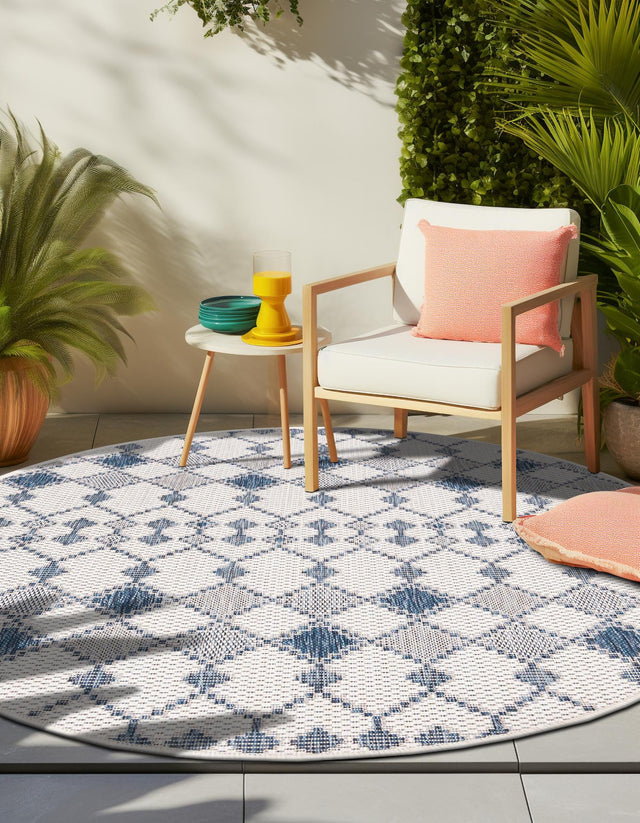 Ivory 10' x 10' Outdoor Trellis Round Area Rug Weather Resistant for Patio, Deck, Terrace, Balcony, Porch Geometric Design Water Safe Outside Carpet for Sale at Rug Engine