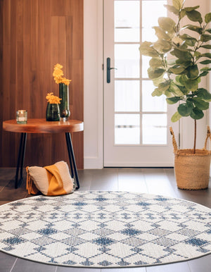 Ivory 4' 1 x 4' 1 Outdoor Trellis Round Area Rug Weather Resistant for Patio, Deck, Terrace, Balcony, Porch Geometric Design Water Safe Outside Carpet for Sale at Rug Engine
