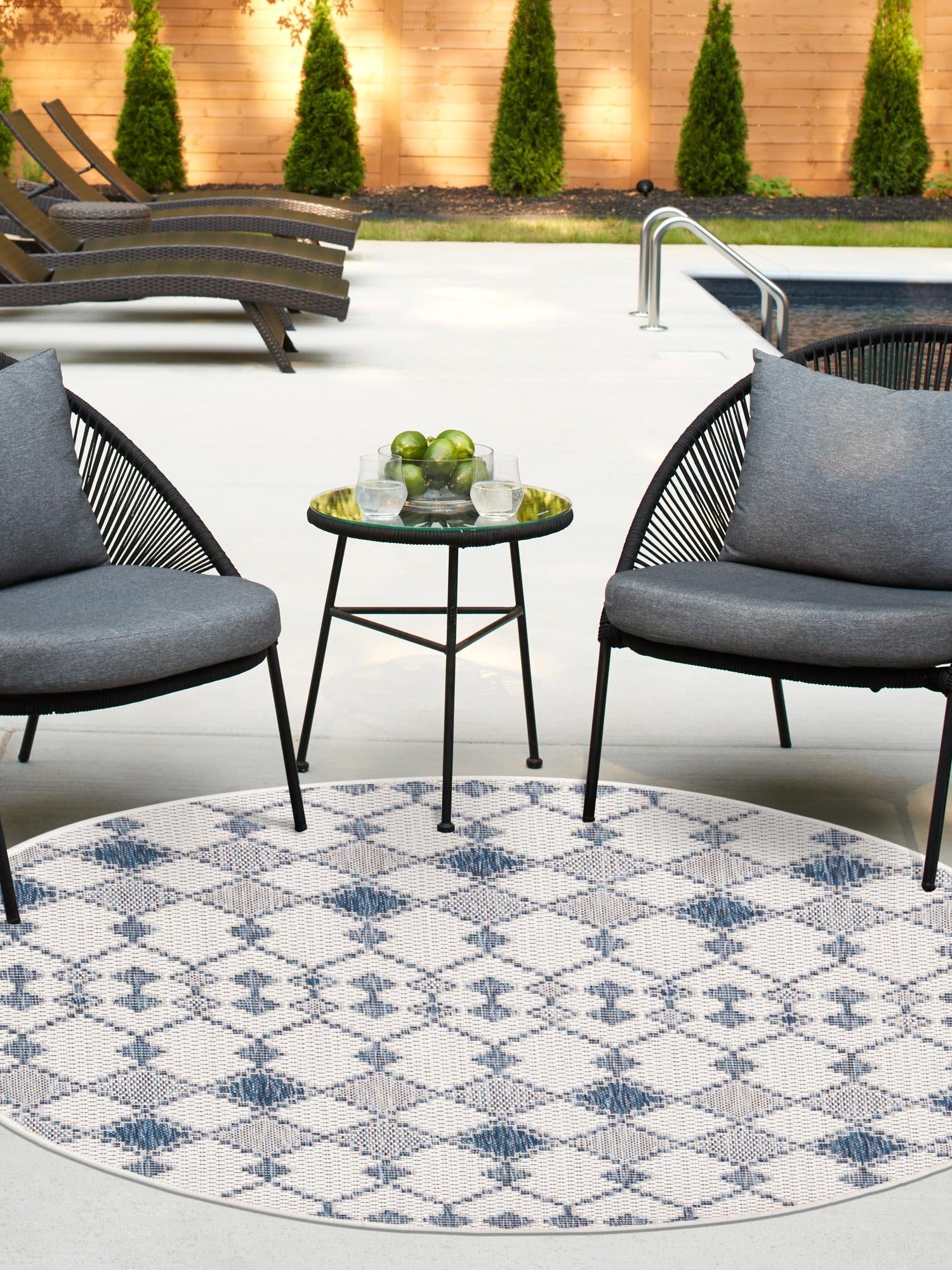 Ivory 3' 1 x 3' 1 Outdoor Trellis Round Area Rug Weather Resistant for Patio, Deck, Terrace, Balcony, Porch Geometric Design Water Safe Outside Carpet for Sale at Rug Engine