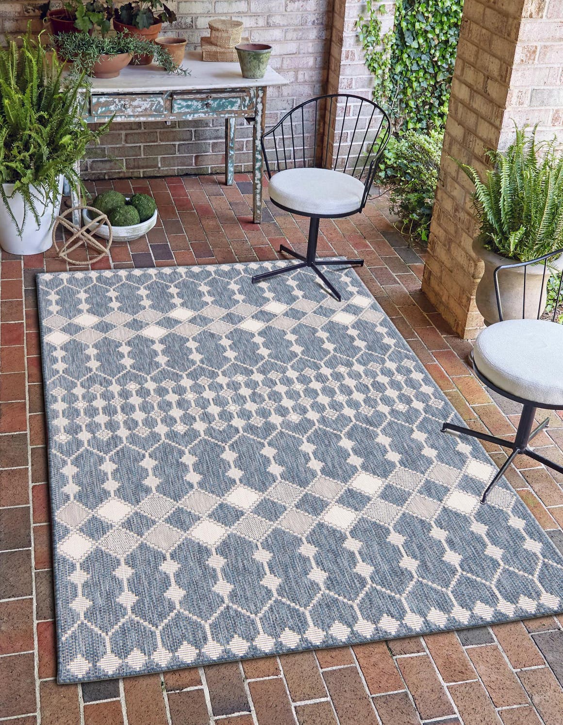 Blue 7' 10 x 11' Outdoor Trellis Rectangle Area Rug Weather Resistant for Patio, Deck, Terrace, Balcony, Porch Geometric Design Water Safe Outside Carpet for Sale at Rug Engine