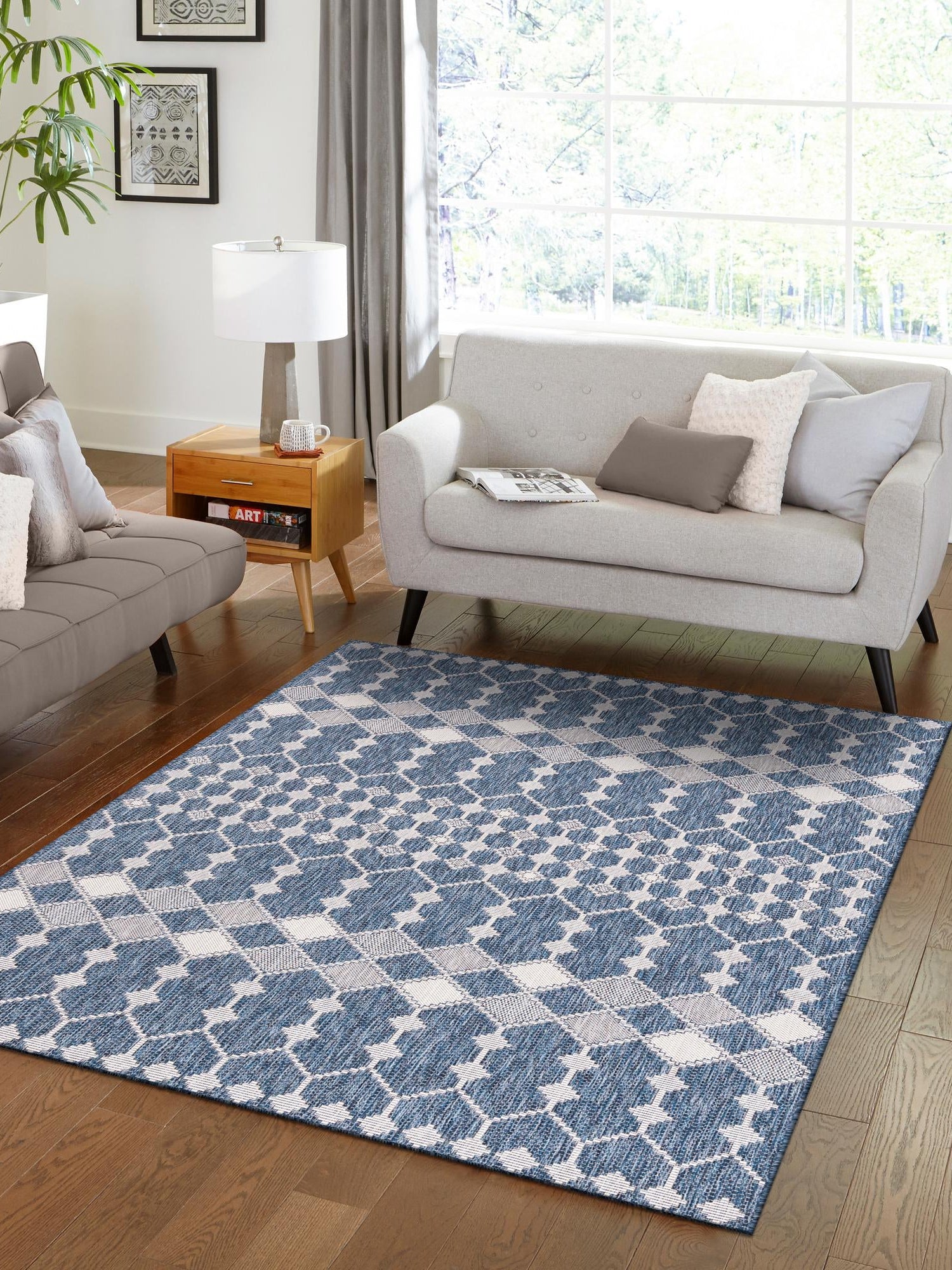Blue 9' x 12' Outdoor Trellis Rectangle Area Rug Weather Resistant for Patio, Deck, Terrace, Balcony, Porch Geometric Design Water Safe Outside Carpet for Sale at Rug Engine