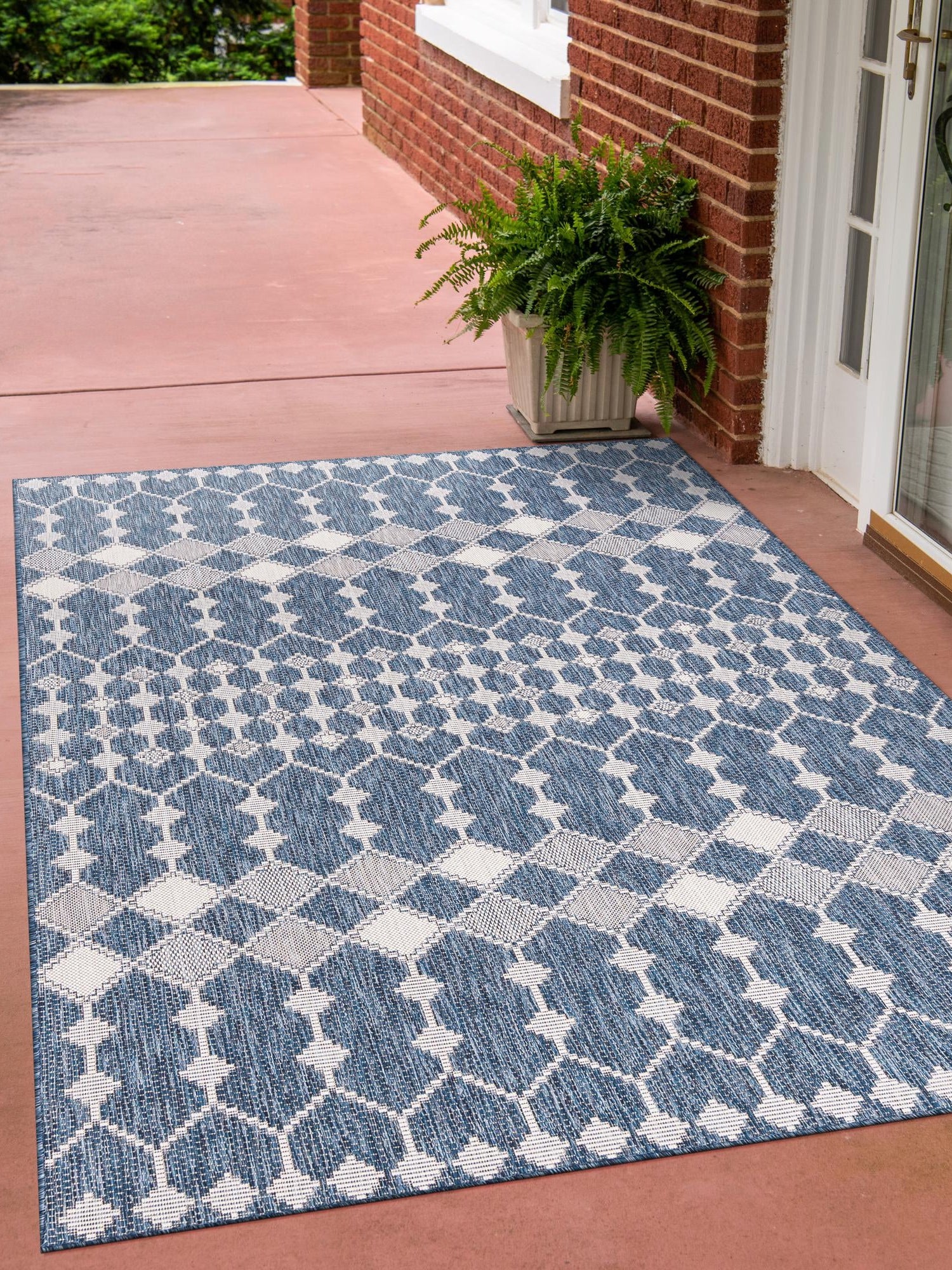 Blue 5' 3 x 8' Outdoor Trellis Rectangle Area Rug Weather Resistant for Patio, Deck, Terrace, Balcony, Porch Geometric Design Water Safe Outside Carpet for Sale at Rug Engine