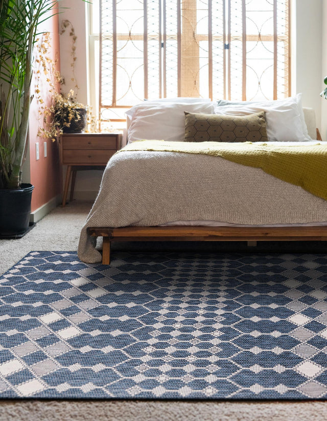 Blue 2' x 3' 1 Outdoor Trellis Rectangle Area Rug Weather Resistant for Patio, Deck, Terrace, Balcony, Porch Geometric Design Water Safe Outside Carpet for Sale at Rug Engine