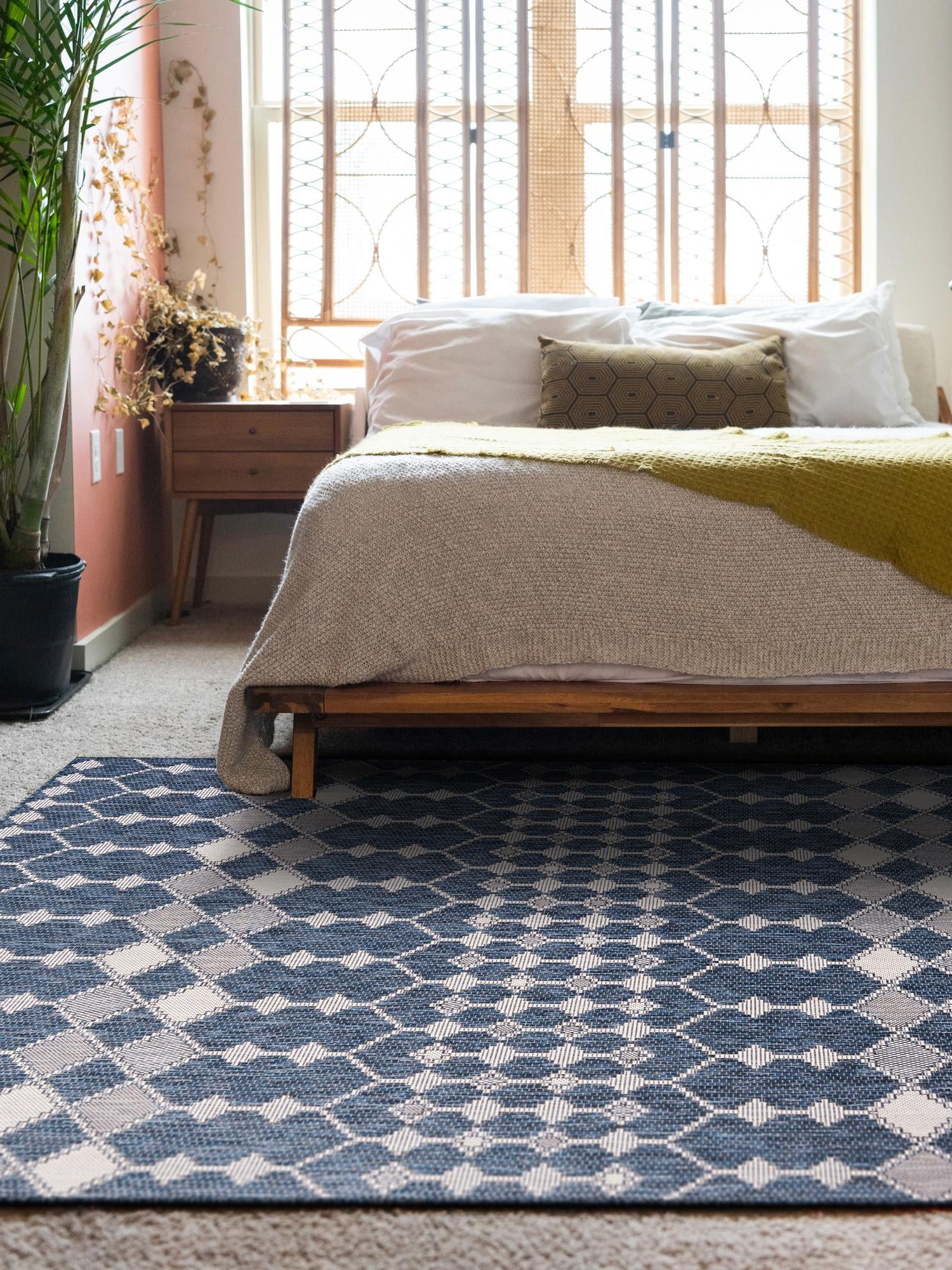 Blue 9' x 12' Outdoor Trellis Rectangle Area Rug Weather Resistant for Patio, Deck, Terrace, Balcony, Porch Geometric Design Water Safe Outside Carpet for Sale at Rug Engine