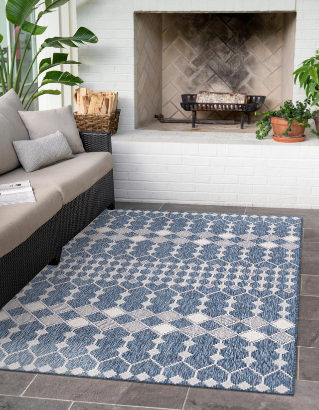 Blue 5' 3 x 8' Outdoor Trellis Rectangle Area Rug Weather Resistant for Patio, Deck, Terrace, Balcony, Porch Geometric Design Water Safe Outside Carpet for Sale at Rug Engine