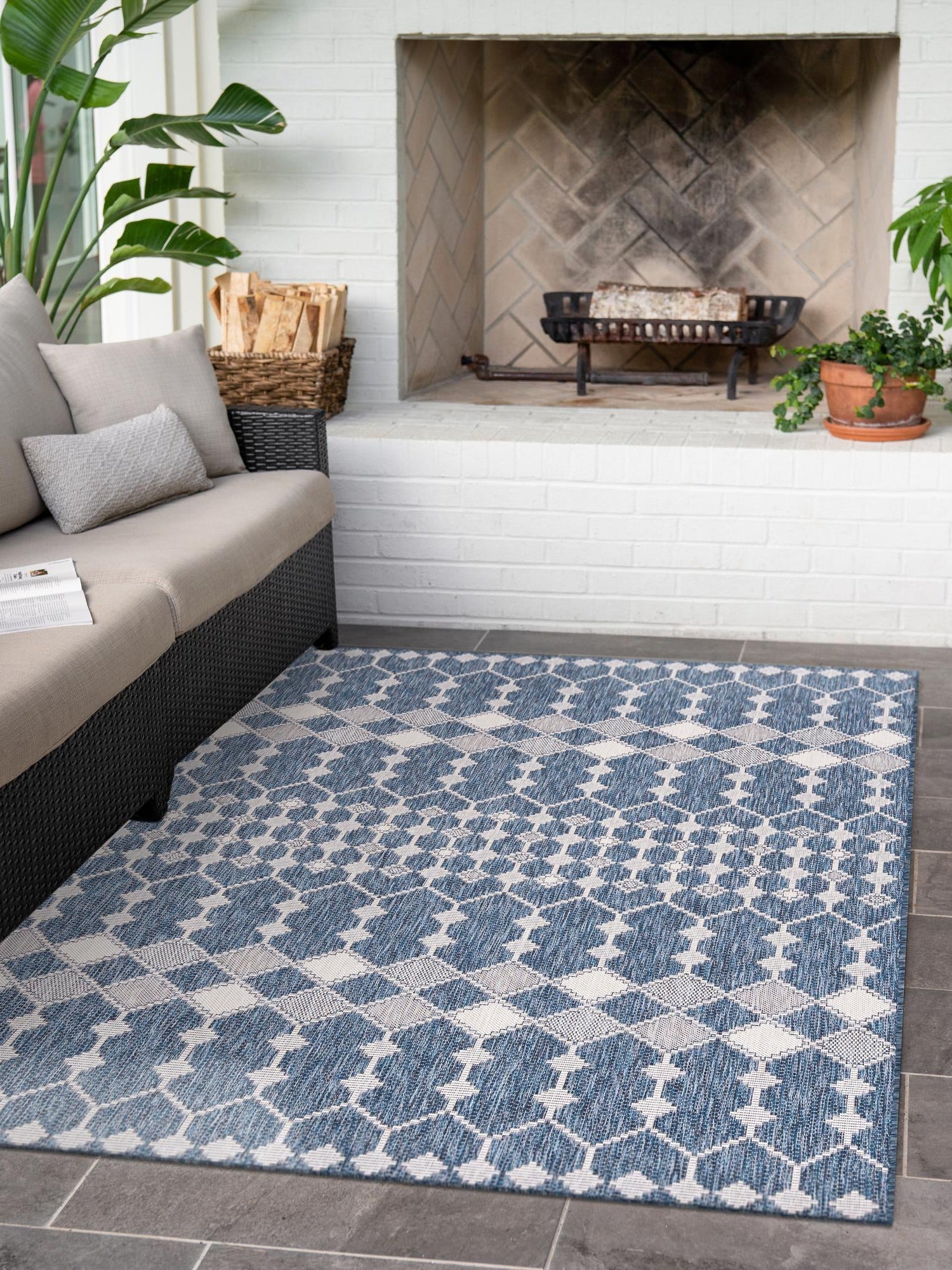 Blue 9' x 12' Outdoor Trellis Rectangle Area Rug Weather Resistant for Patio, Deck, Terrace, Balcony, Porch Geometric Design Water Safe Outside Carpet for Sale at Rug Engine