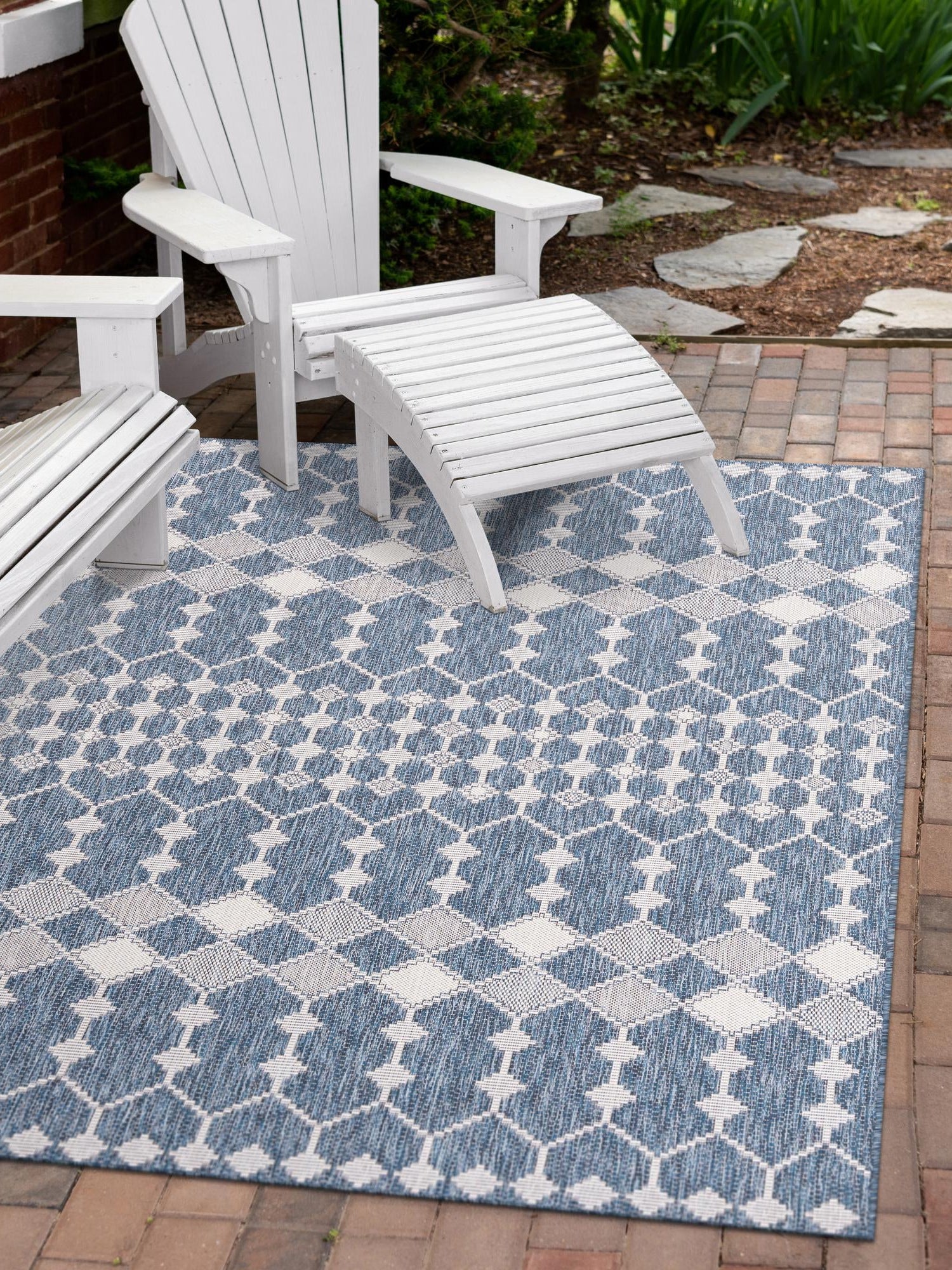 Blue 4' 1 x 6' 1 Outdoor Trellis Rectangle Area Rug Weather Resistant for Patio, Deck, Terrace, Balcony, Porch Geometric Design Water Safe Outside Carpet for Sale at Rug Engine