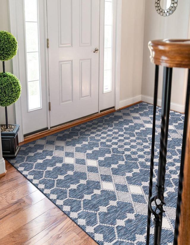 Blue 10' x 14' 1 Outdoor Trellis Rectangle Area Rug Weather Resistant for Patio, Deck, Terrace, Balcony, Porch Geometric Design Water Safe Outside Carpet for Sale at Rug Engine