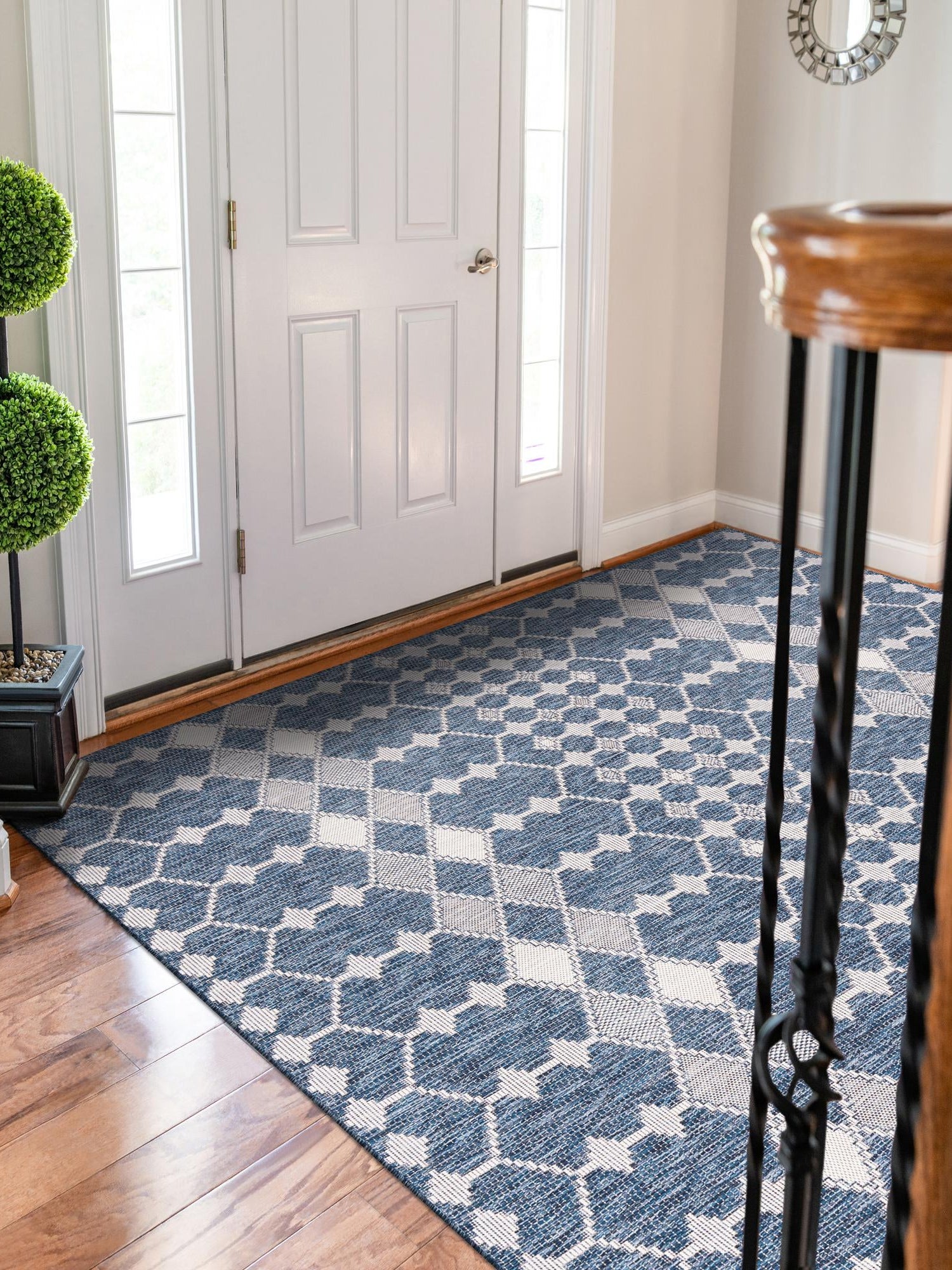 Blue 3' 1 x 5' 3 Outdoor Trellis Rectangle Area Rug Weather Resistant for Patio, Deck, Terrace, Balcony, Porch Geometric Design Water Safe Outside Carpet for Sale at Rug Engine