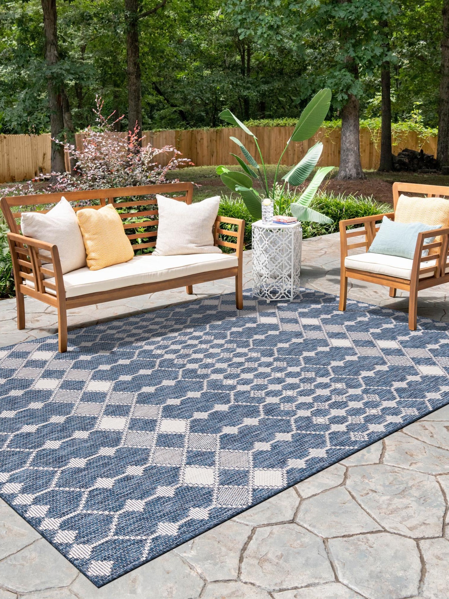 Blue 9' x 12' Outdoor Trellis Rectangle Area Rug Weather Resistant for Patio, Deck, Terrace, Balcony, Porch Geometric Design Water Safe Outside Carpet for Sale at Rug Engine