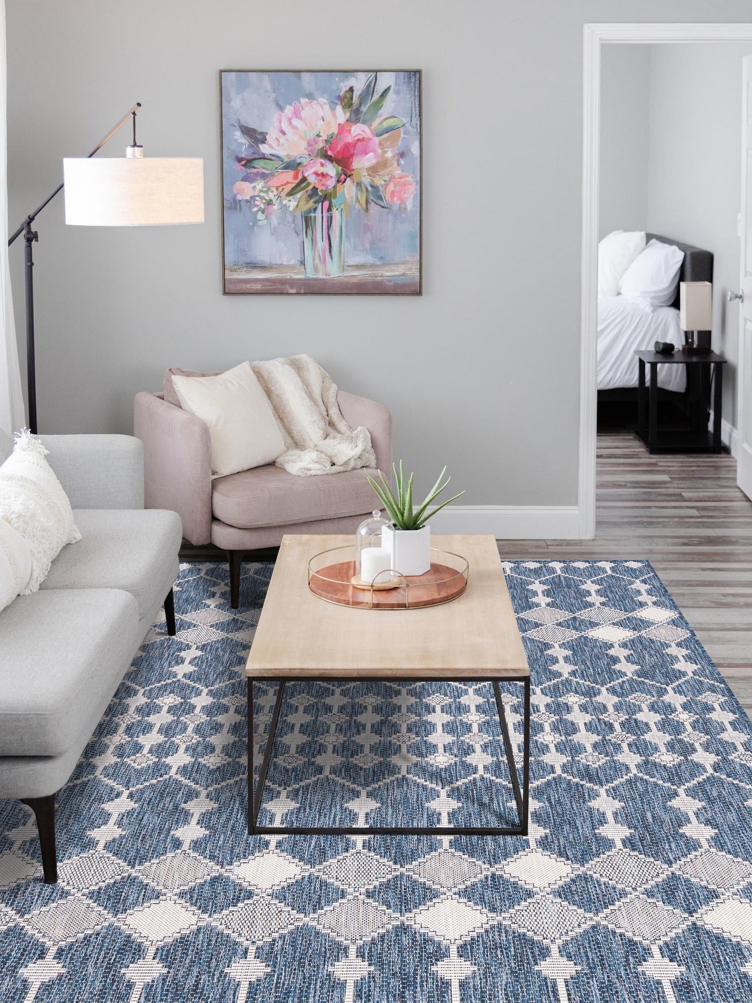 Blue 4' 1 x 6' 1 Outdoor Trellis Rectangle Area Rug Weather Resistant for Patio, Deck, Terrace, Balcony, Porch Geometric Design Water Safe Outside Carpet for Sale at Rug Engine