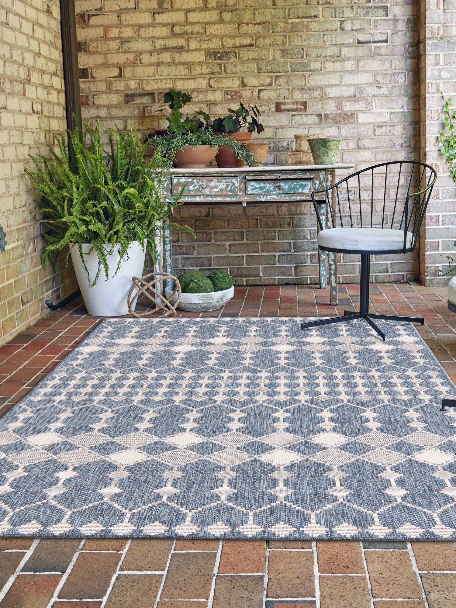 Blue 4' 1 x 6' 1 Outdoor Trellis Rectangle Area Rug Weather Resistant for Patio, Deck, Terrace, Balcony, Porch Geometric Design Water Safe Outside Carpet for Sale at Rug Engine
