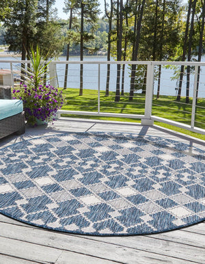 Blue 4' 1 x 4' 1 Outdoor Trellis Round Area Rug Weather Resistant for Patio, Deck, Terrace, Balcony, Porch Geometric Design Water Safe Outside Carpet for Sale at Rug Engine