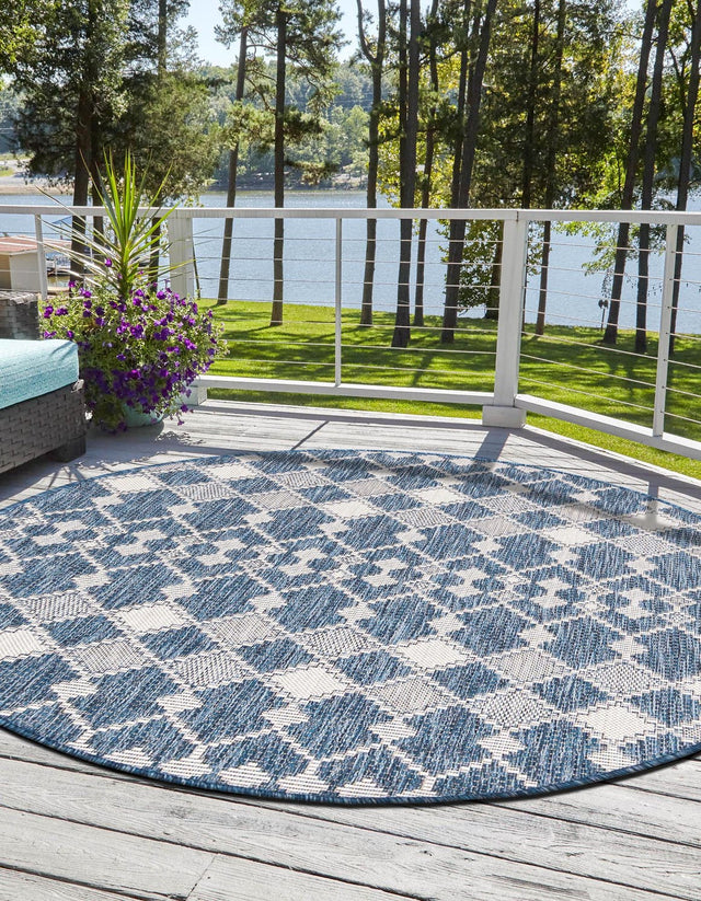 Blue 3' 1 x 3' 1 Outdoor Trellis Round Area Rug Weather Resistant for Patio, Deck, Terrace, Balcony, Porch Geometric Design Water Safe Outside Carpet for Sale at Rug Engine