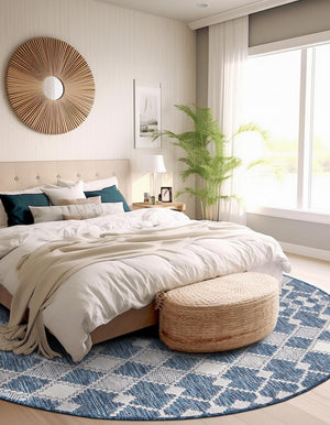 Blue 3' 1 x 3' 1 Outdoor Trellis Round Area Rug Weather Resistant for Patio, Deck, Terrace, Balcony, Porch Geometric Design Water Safe Outside Carpet for Sale at Rug Engine