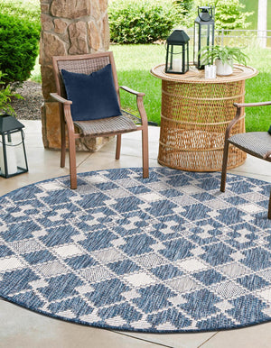 Blue 4' 1 x 4' 1 Outdoor Trellis Round Area Rug Weather Resistant for Patio, Deck, Terrace, Balcony, Porch Geometric Design Water Safe Outside Carpet for Sale at Rug Engine