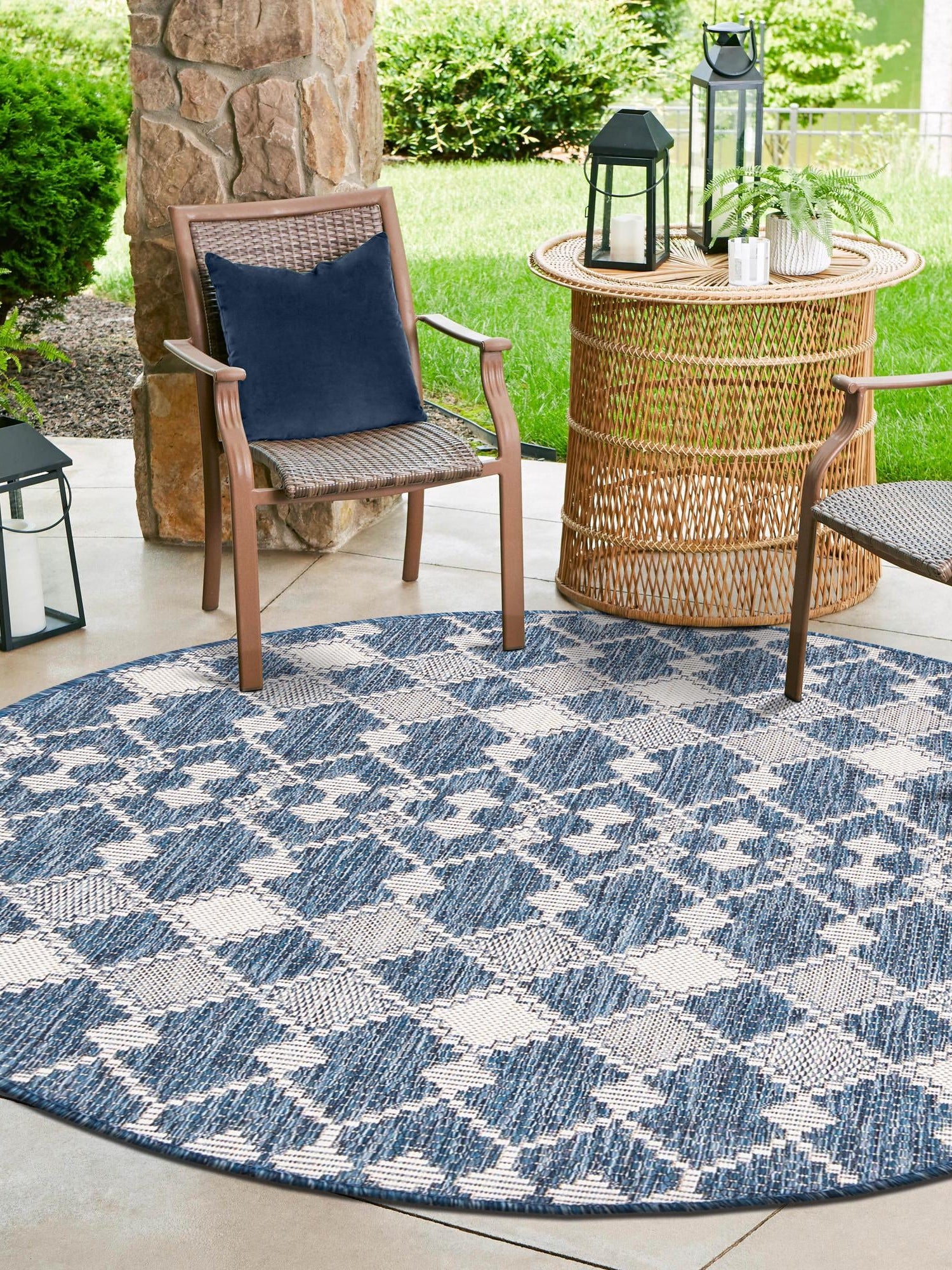 Blue 10' x 10' Outdoor Trellis Round Area Rug Weather Resistant for Patio, Deck, Terrace, Balcony, Porch Geometric Design Water Safe Outside Carpet for Sale at Rug Engine