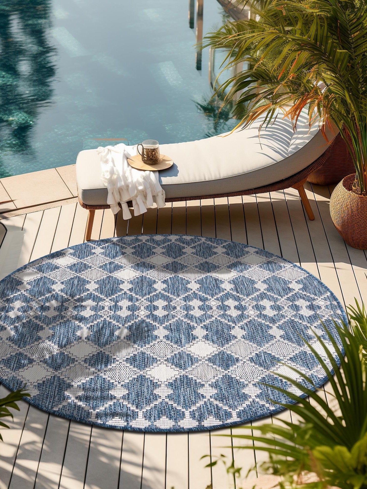 Blue 3' 1 x 3' 1 Outdoor Trellis Round Area Rug Weather Resistant for Patio, Deck, Terrace, Balcony, Porch Geometric Design Water Safe Outside Carpet for Sale at Rug Engine