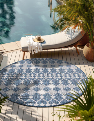 Blue 3' 1 x 3' 1 Outdoor Trellis Round Area Rug Weather Resistant for Patio, Deck, Terrace, Balcony, Porch Geometric Design Water Safe Outside Carpet for Sale at Rug Engine