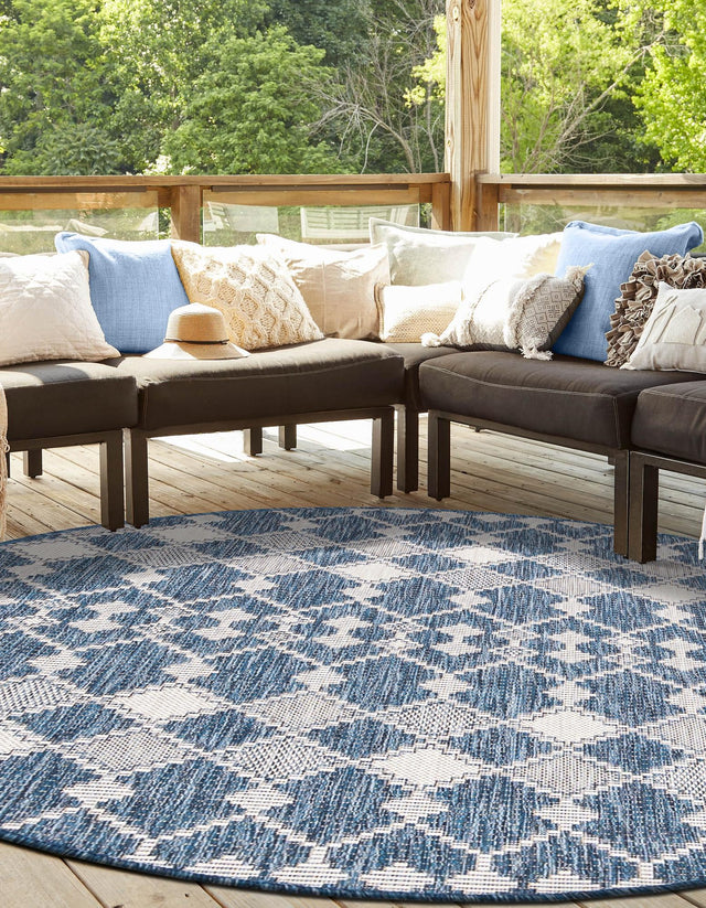 Blue 4' 1 x 4' 1 Outdoor Trellis Round Area Rug Weather Resistant for Patio, Deck, Terrace, Balcony, Porch Geometric Design Water Safe Outside Carpet for Sale at Rug Engine