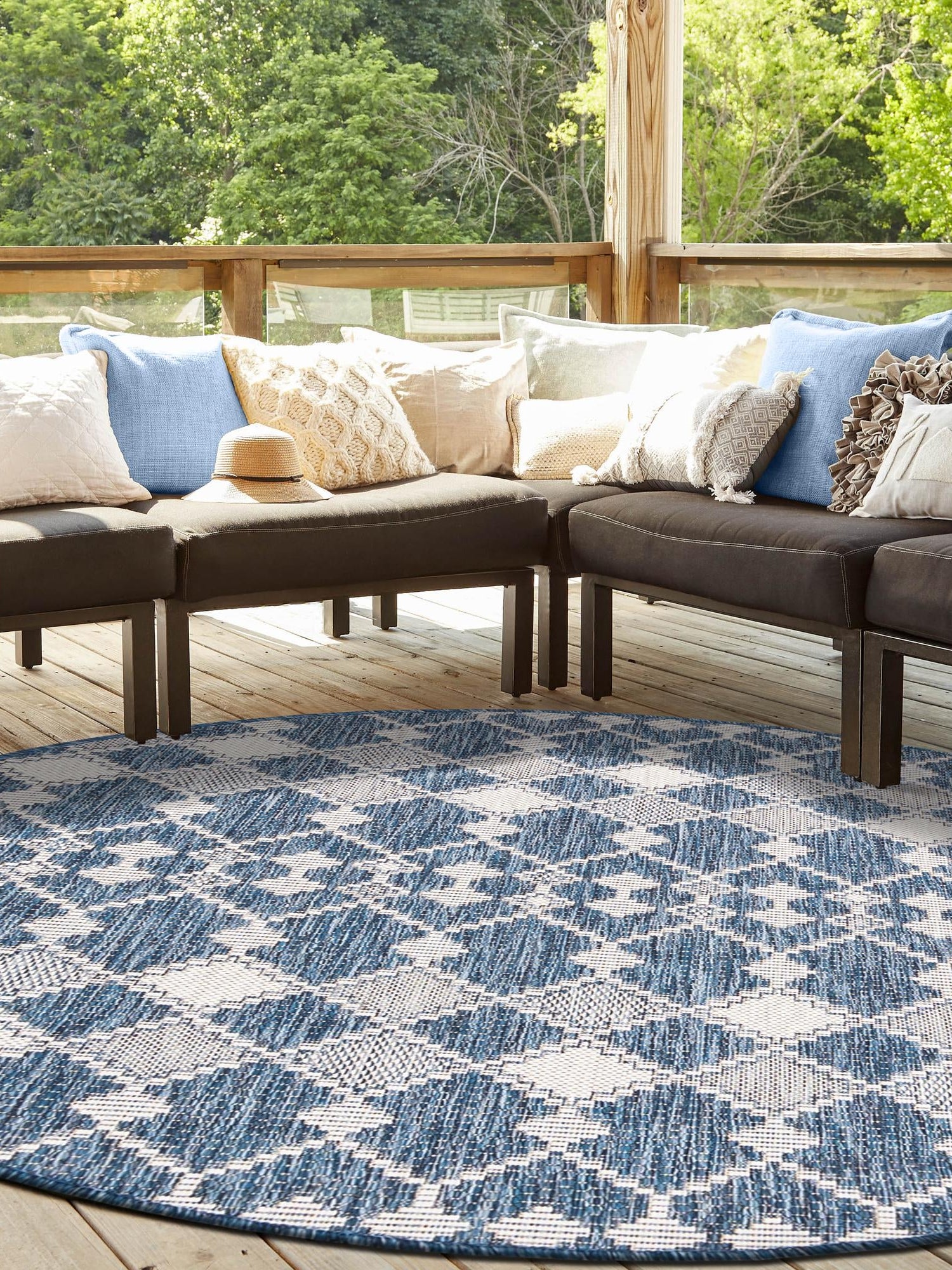 Blue 3' 1 x 3' 1 Outdoor Trellis Round Area Rug Weather Resistant for Patio, Deck, Terrace, Balcony, Porch Geometric Design Water Safe Outside Carpet for Sale at Rug Engine