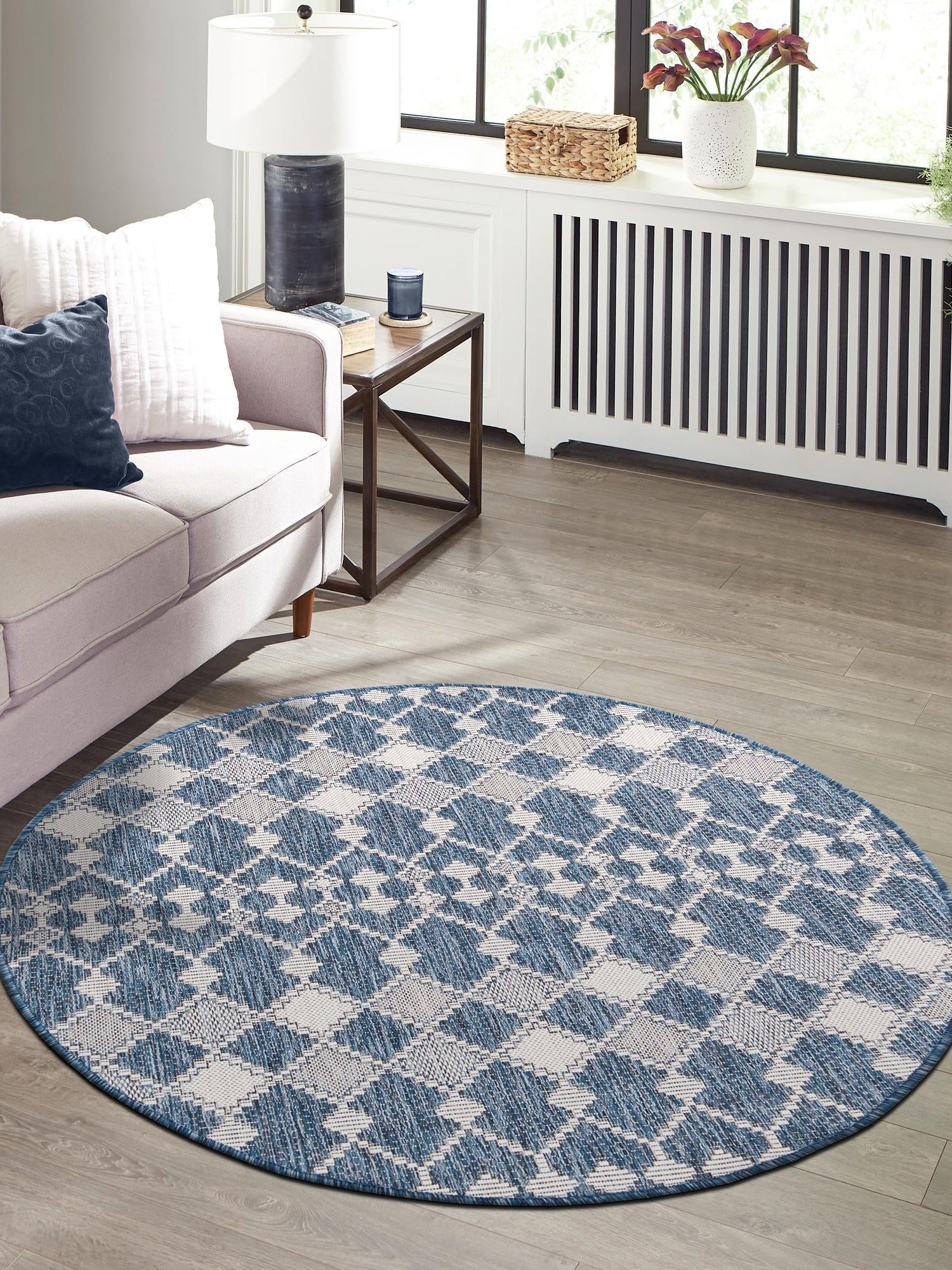Blue 10' x 10' Outdoor Trellis Round Area Rug Weather Resistant for Patio, Deck, Terrace, Balcony, Porch Geometric Design Water Safe Outside Carpet for Sale at Rug Engine
