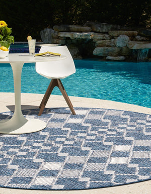 Blue 4' 1 x 4' 1 Outdoor Trellis Round Area Rug Weather Resistant for Patio, Deck, Terrace, Balcony, Porch Geometric Design Water Safe Outside Carpet for Sale at Rug Engine
