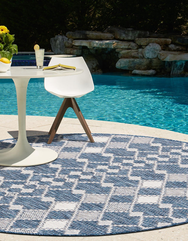 Blue 4' 1 x 4' 1 Outdoor Trellis Round Area Rug Weather Resistant for Patio, Deck, Terrace, Balcony, Porch Geometric Design Water Safe Outside Carpet for Sale at Rug Engine
