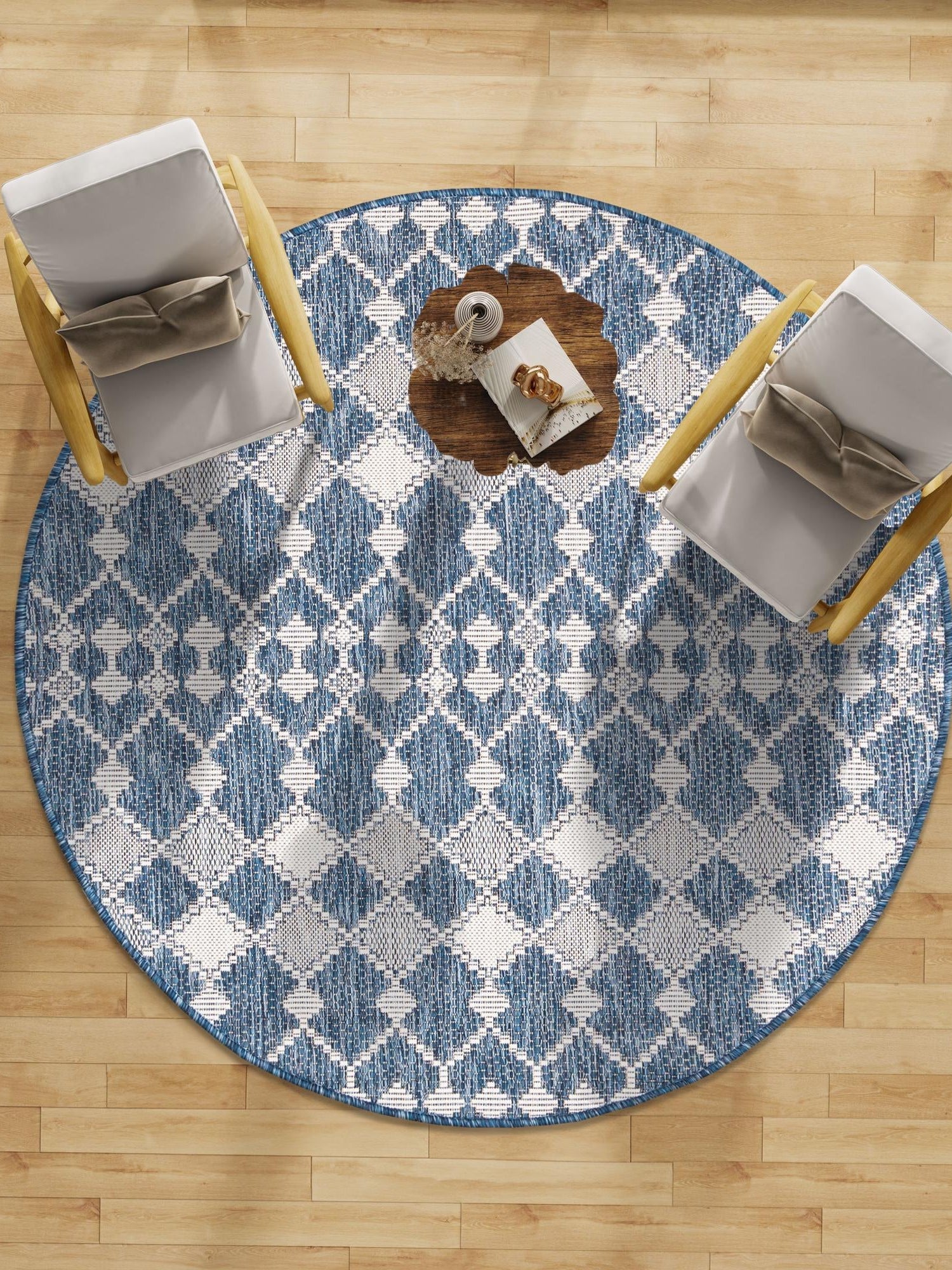Blue 10' x 10' Outdoor Trellis Round Area Rug Weather Resistant for Patio, Deck, Terrace, Balcony, Porch Geometric Design Water Safe Outside Carpet for Sale at Rug Engine