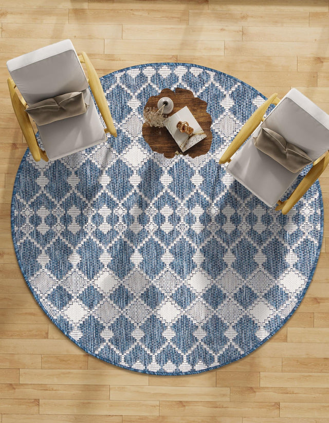 Blue 10' x 10' Outdoor Trellis Round Area Rug Weather Resistant for Patio, Deck, Terrace, Balcony, Porch Geometric Design Water Safe Outside Carpet for Sale at Rug Engine