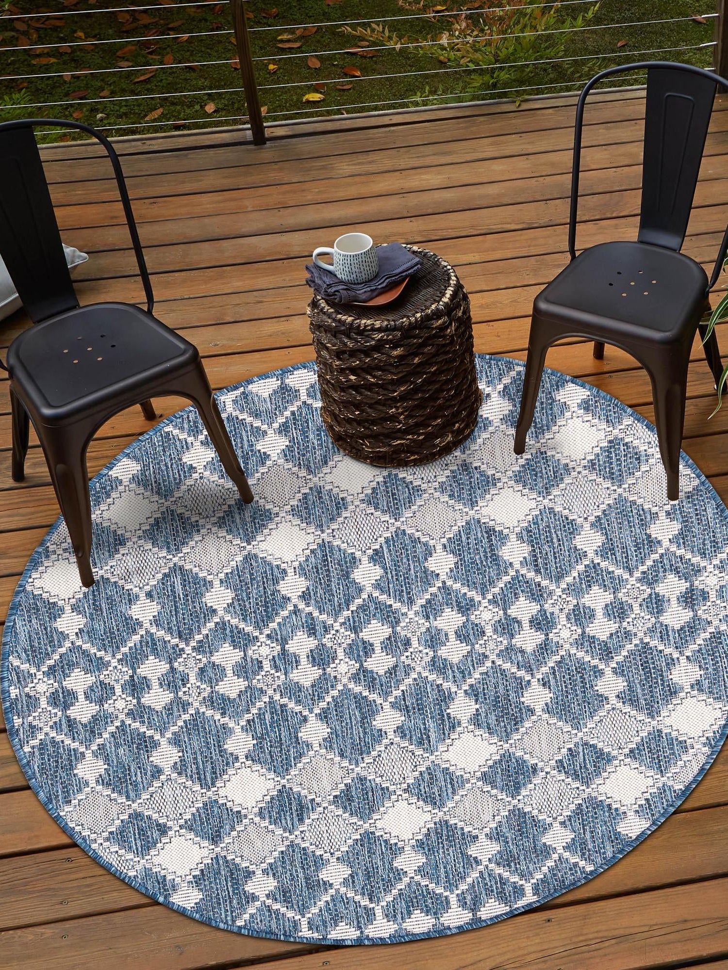 Blue 10' x 10' Outdoor Trellis Round Area Rug Weather Resistant for Patio, Deck, Terrace, Balcony, Porch Geometric Design Water Safe Outside Carpet for Sale at Rug Engine