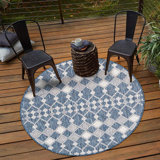 Blue 3' 1 x 3' 1 Outdoor Trellis Round Area Rug Weather Resistant for Patio, Deck, Terrace, Balcony, Porch Geometric Design Water Safe Outside Carpet for Sale at Rug Engine