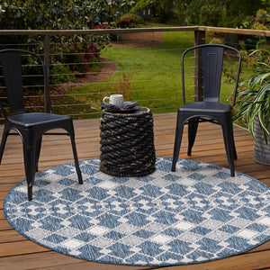 Blue 4' 1 x 4' 1 Outdoor Trellis Round Area Rug Weather Resistant for Patio, Deck, Terrace, Balcony, Porch Geometric Design Water Safe Outside Carpet for Sale at Rug Engine