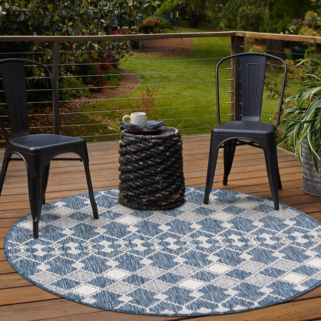 Blue 4' 1 x 4' 1 Outdoor Trellis Round Area Rug Weather Resistant for Patio, Deck, Terrace, Balcony, Porch Geometric Design Water Safe Outside Carpet for Sale at Rug Engine