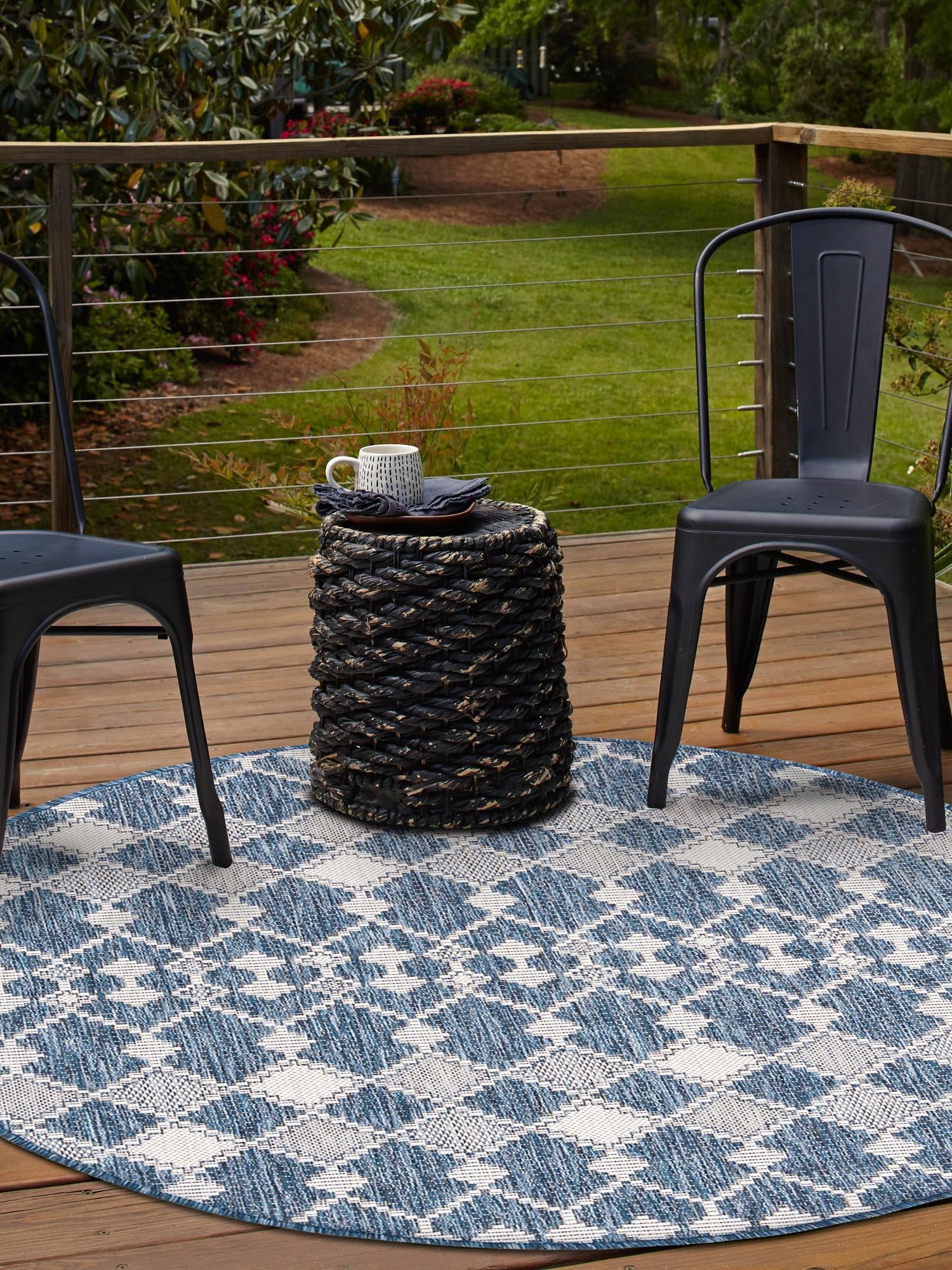 Blue 3' 1 x 3' 1 Outdoor Trellis Round Area Rug Weather Resistant for Patio, Deck, Terrace, Balcony, Porch Geometric Design Water Safe Outside Carpet for Sale at Rug Engine