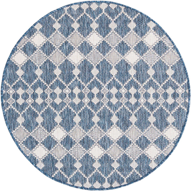Blue 4' 1 x 4' 1 Outdoor Trellis Round Area Rug Weather Resistant for Patio, Deck, Terrace, Balcony, Porch Geometric Design Water Safe Outside Carpet for Sale at Rug Engine