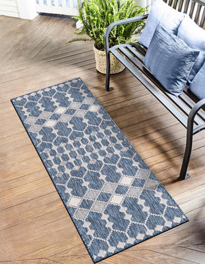 Blue 2' x 6' 1 Outdoor Trellis Runner Area Rug Weather Resistant for Patio, Deck, Terrace, Balcony, Porch Geometric Design Water Safe Outside Carpet for Sale at Rug Engine