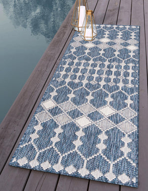 Blue 2' 7 x 10' Outdoor Trellis Runner Area Rug Weather Resistant for Patio, Deck, Terrace, Balcony, Porch Geometric Design Water Safe Outside Carpet for Sale at Rug Engine