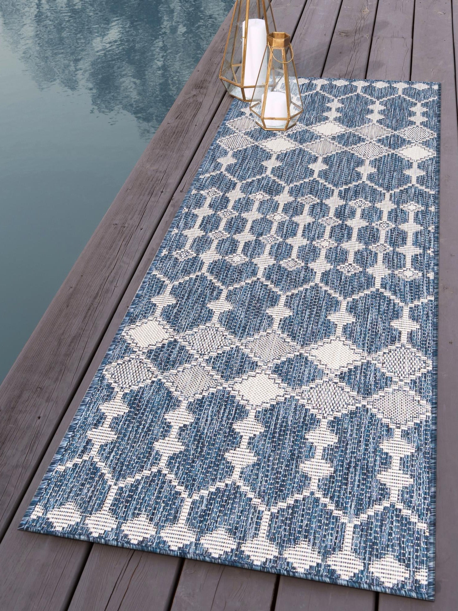 Blue 2' x 6' 1 Outdoor Trellis Runner Area Rug Weather Resistant for Patio, Deck, Terrace, Balcony, Porch Geometric Design Water Safe Outside Carpet for Sale at Rug Engine