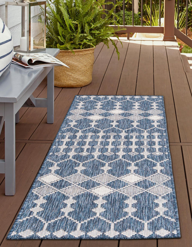 Blue 2' x 6' 1 Outdoor Trellis Runner Area Rug Weather Resistant for Patio, Deck, Terrace, Balcony, Porch Geometric Design Water Safe Outside Carpet for Sale at Rug Engine