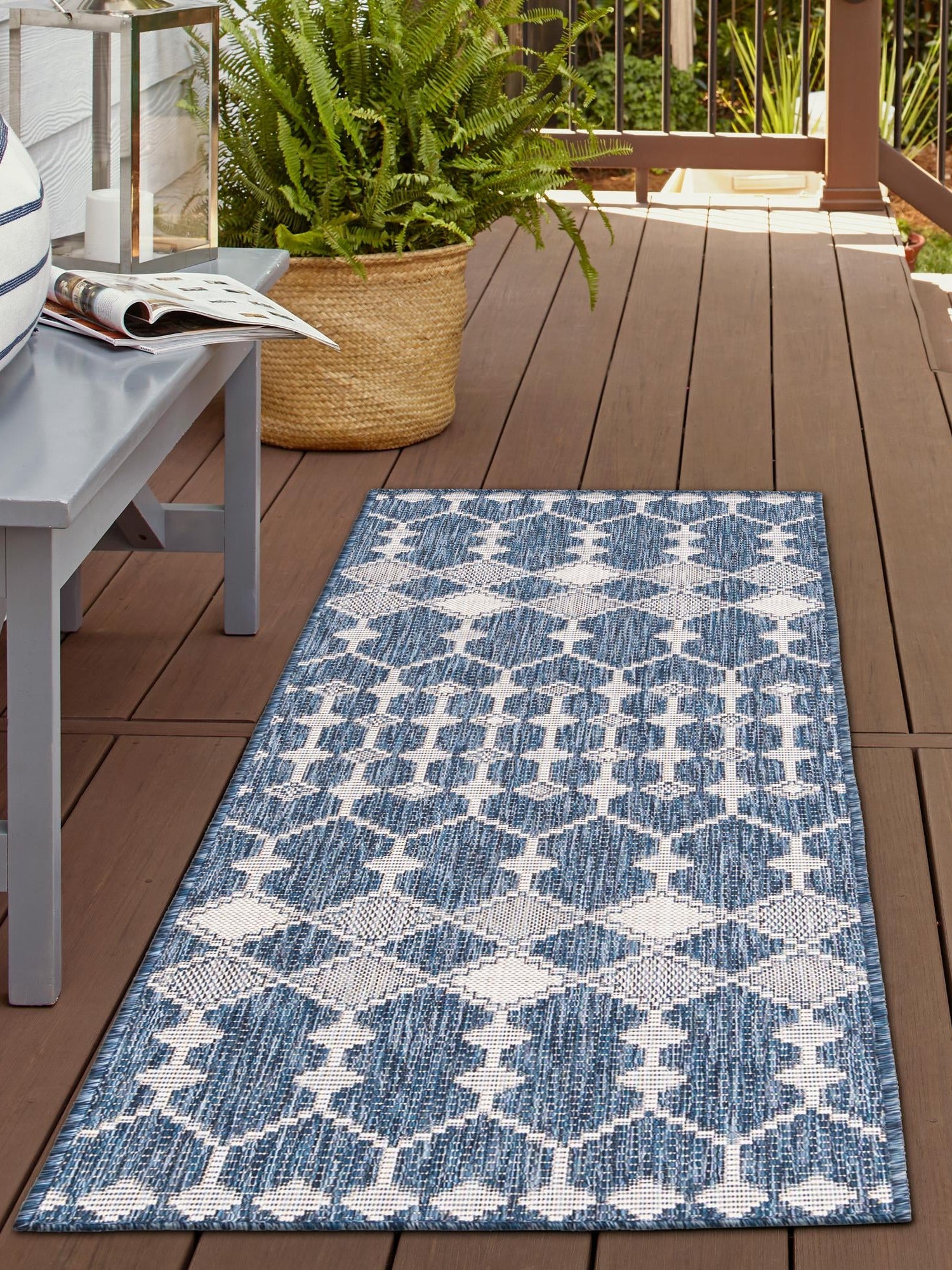 Blue 2' 7 x 10' Outdoor Trellis Runner Area Rug Weather Resistant for Patio, Deck, Terrace, Balcony, Porch Geometric Design Water Safe Outside Carpet for Sale at Rug Engine