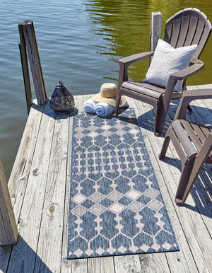 Blue 2' x 8' Outdoor Trellis Runner Area Rug Weather Resistant for Patio, Deck, Terrace, Balcony, Porch Geometric Design Water Safe Outside Carpet for Sale at Rug Engine