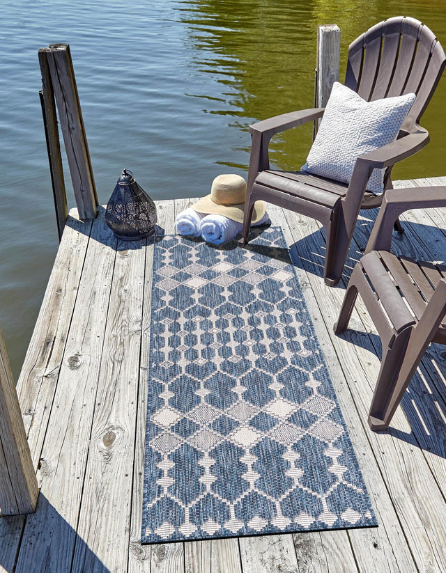 Blue 2' x 8' Outdoor Trellis Runner Area Rug Weather Resistant for Patio, Deck, Terrace, Balcony, Porch Geometric Design Water Safe Outside Carpet for Sale at Rug Engine