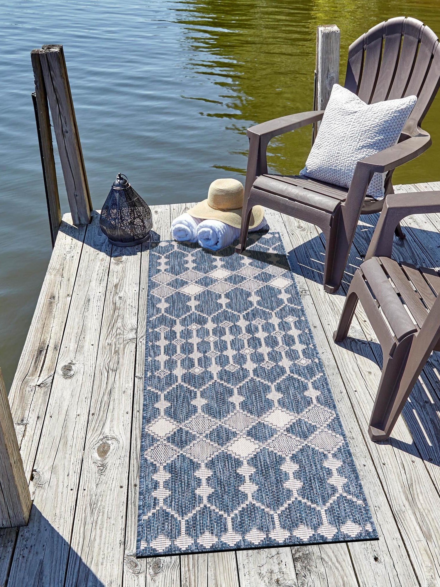 Blue 2' 7 x 10' Outdoor Trellis Runner Area Rug Weather Resistant for Patio, Deck, Terrace, Balcony, Porch Geometric Design Water Safe Outside Carpet for Sale at Rug Engine