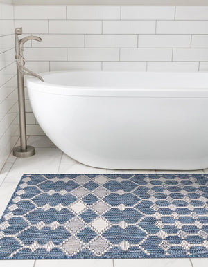 Blue 2' x 6' 1 Outdoor Trellis Runner Area Rug Weather Resistant for Patio, Deck, Terrace, Balcony, Porch Geometric Design Water Safe Outside Carpet for Sale at Rug Engine