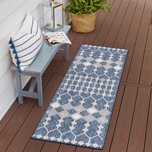 Blue 2' x 6' 1 Outdoor Trellis Runner Area Rug Weather Resistant for Patio, Deck, Terrace, Balcony, Porch Geometric Design Water Safe Outside Carpet for Sale at Rug Engine