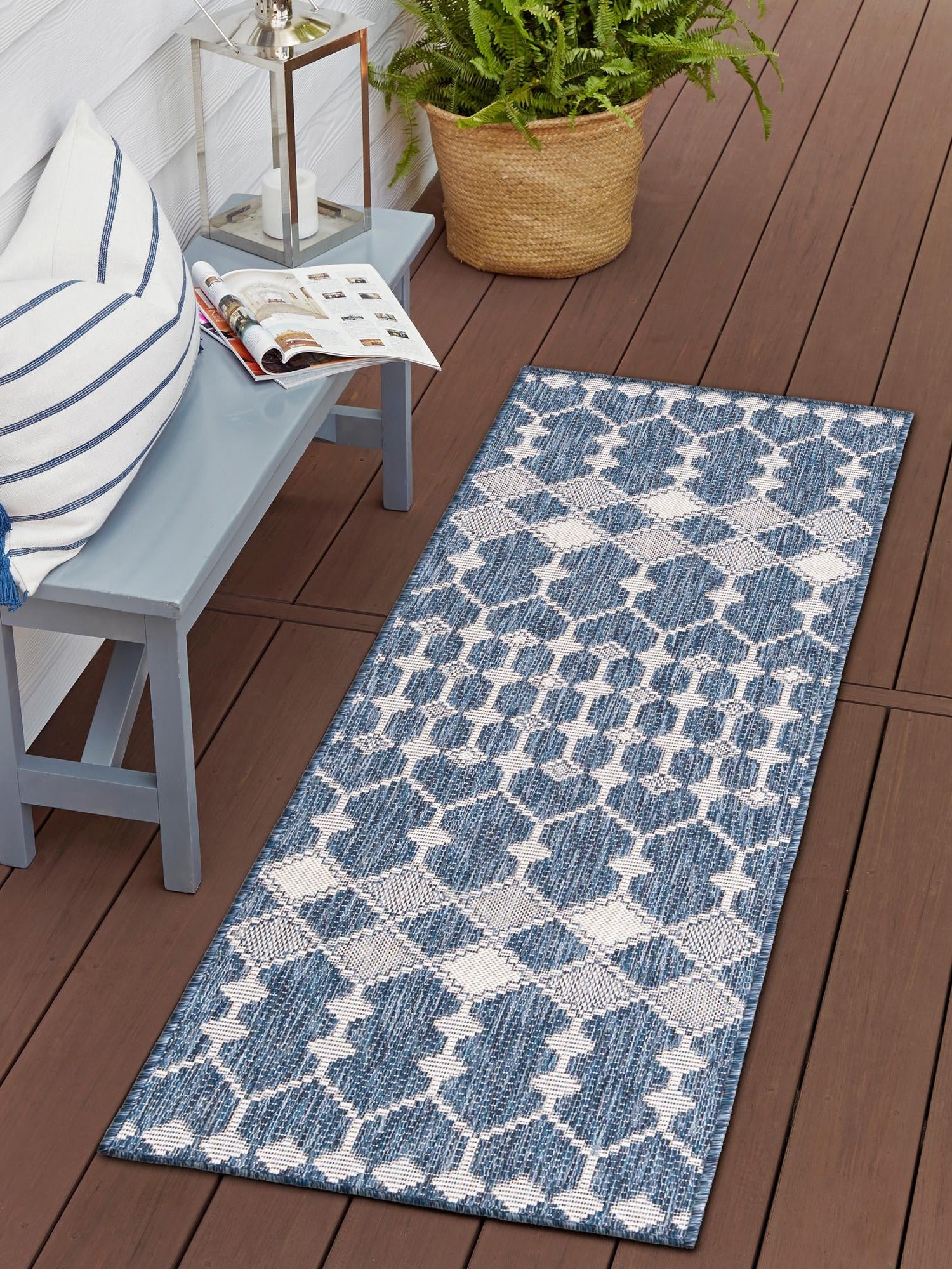 Blue 2' 7 x 10' Outdoor Trellis Runner Area Rug Weather Resistant for Patio, Deck, Terrace, Balcony, Porch Geometric Design Water Safe Outside Carpet for Sale at Rug Engine