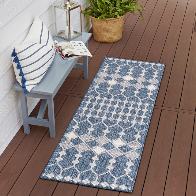 Blue 2' 7 x 10' Outdoor Trellis Runner Area Rug Weather Resistant for Patio, Deck, Terrace, Balcony, Porch Geometric Design Water Safe Outside Carpet for Sale at Rug Engine